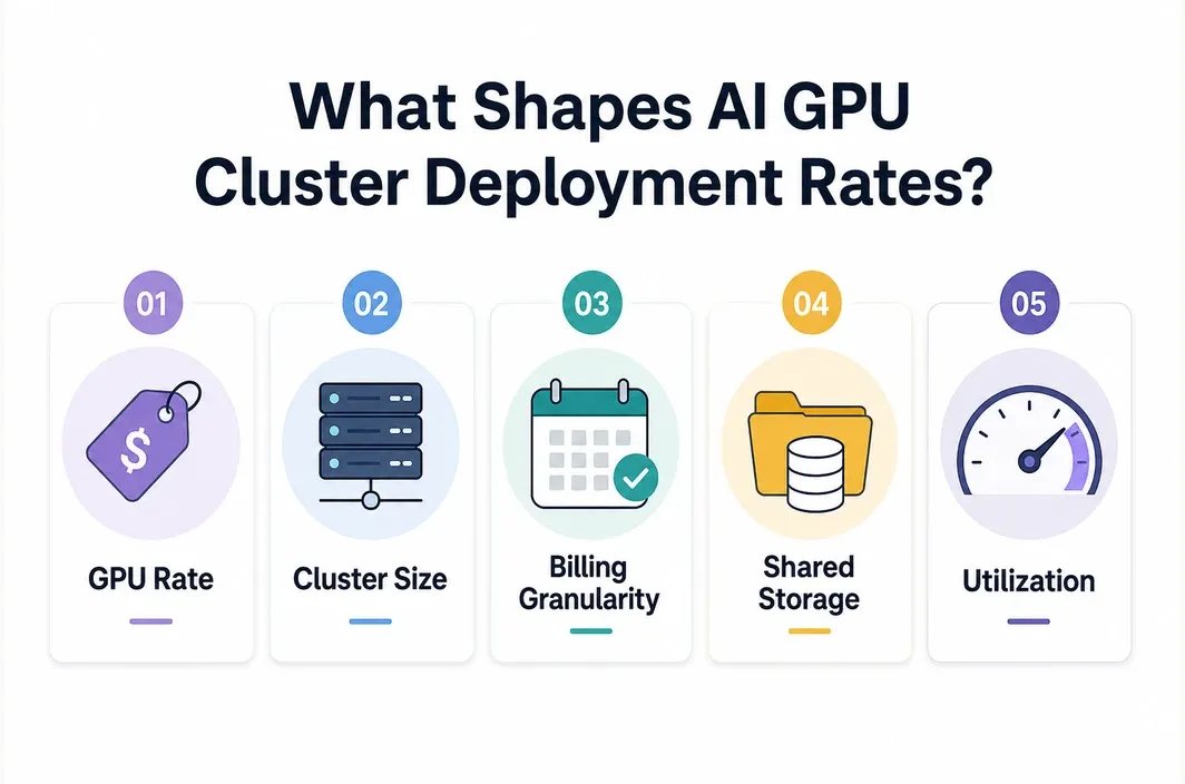 White-background infographic showing the five main factors that shape AI GPU cluster deployment rates.