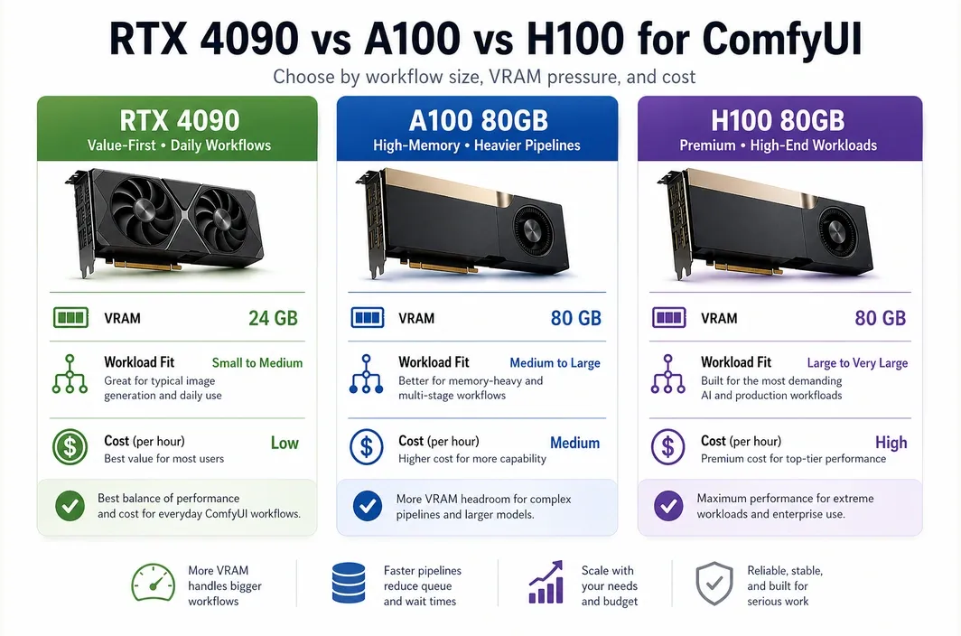 Infographic comparing RTX 4090, A100 80GB, and H100 80GB for ComfyUI by workload size, VRAM, and hourly cost.