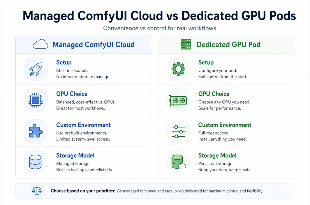 Side-by-side infographic comparing managed ComfyUI cloud and dedicated GPU pods by setup, GPU choice, custom environment, and storage model.
