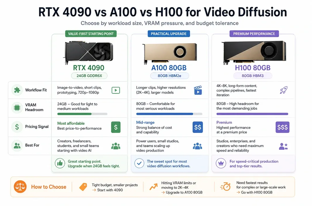 Tier-comparison infographic showing RTX 4090, A100 80GB, and H100 80GB options for video diffusion workloads by workflow fit, VRAM headroom, pricing level, and user type.