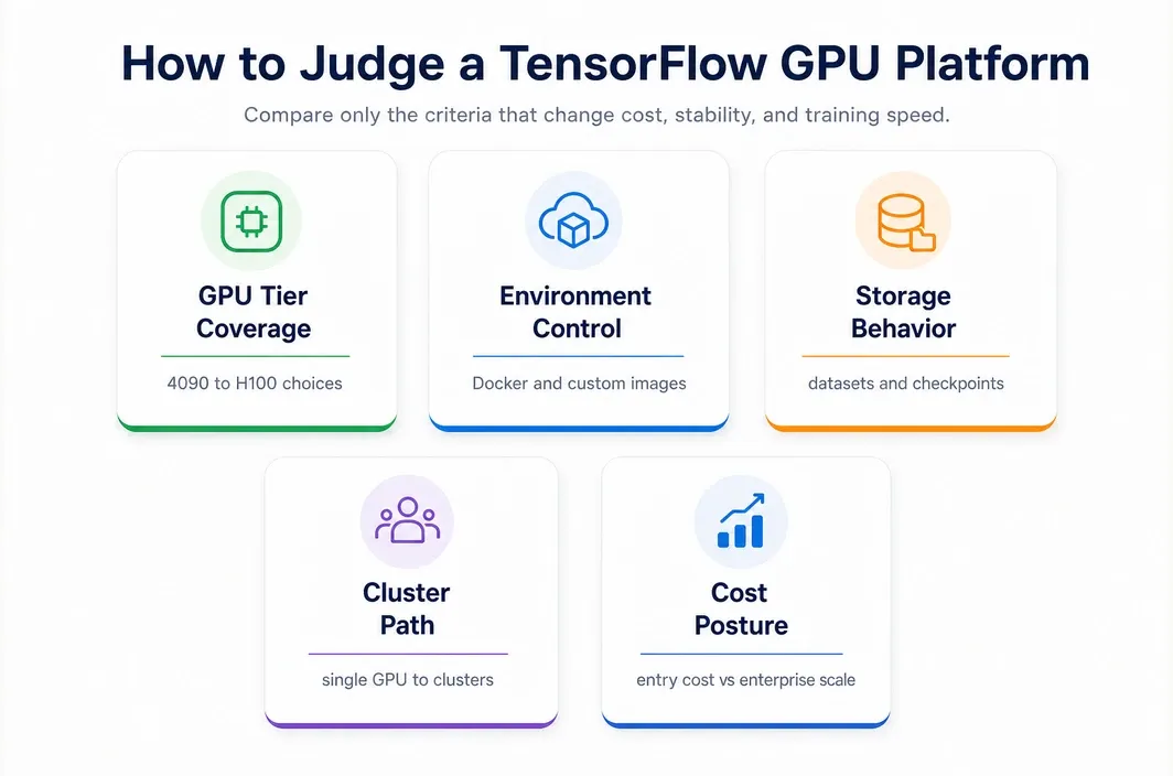 Decision-card infographic showing the main criteria for choosing a cloud GPU platform for TensorFlow training.
