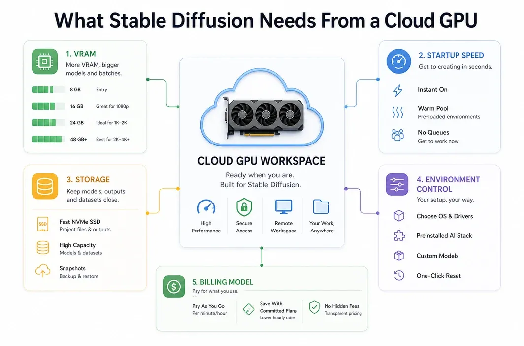 White-background modular infographic showing the five main infrastructure requirements for running Stable Diffusion on a cloud GPU.