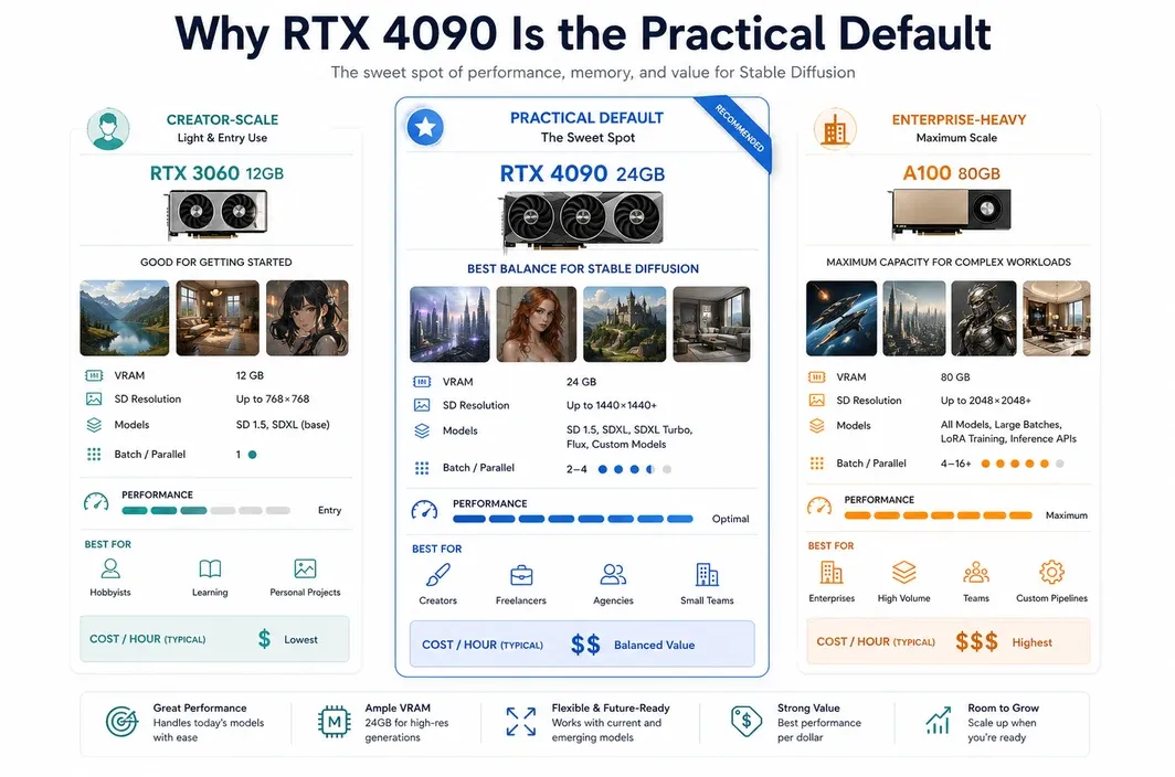 White-background comparison infographic showing why an RTX 4090-style cloud setup is the practical default for many Stable Diffusion workflows.
