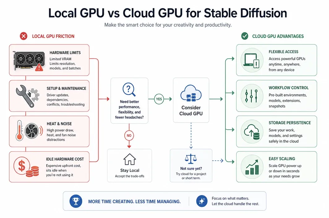 White-background decision-flow infographic comparing local GPU friction with cloud GPU workflow advantages for Stable Diffusion users.