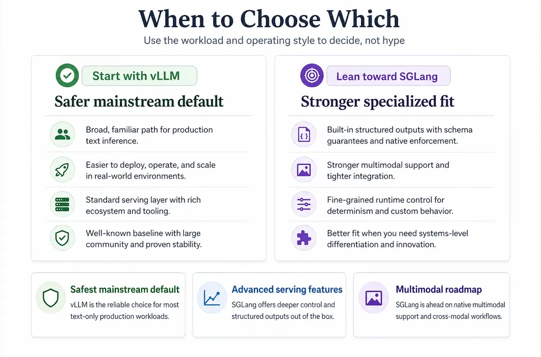 Decision infographic comparing when to start with vLLM and when to lean toward SGLang based on deployment goals, structured outputs, multimodal needs, and operational preference.
