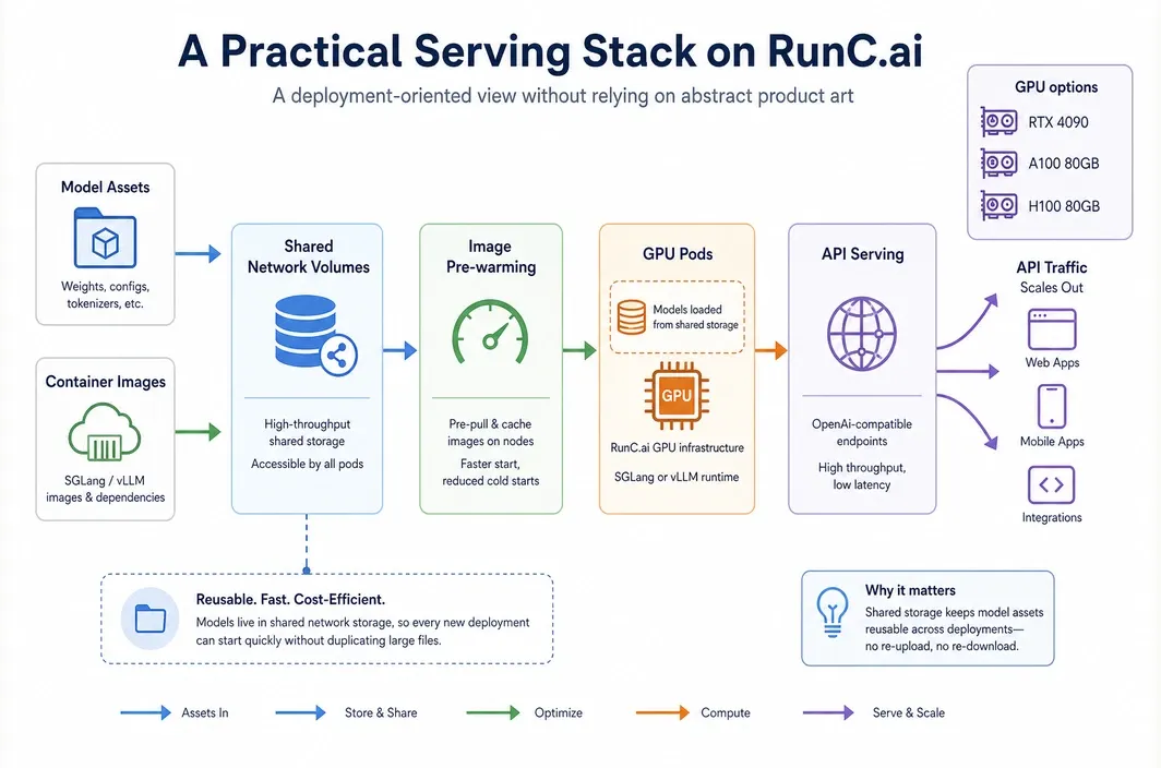 Architecture diagram showing how RunC.ai GPU Pods, shared storage, image pre-warming, and multiple GPU options support repeatable SGLang or vLLM deployments.
