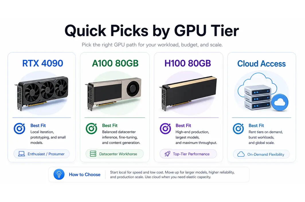 GPU tier panel showing quick picks for RTX 4090, A100 80GB, H100 80GB, and cloud access.