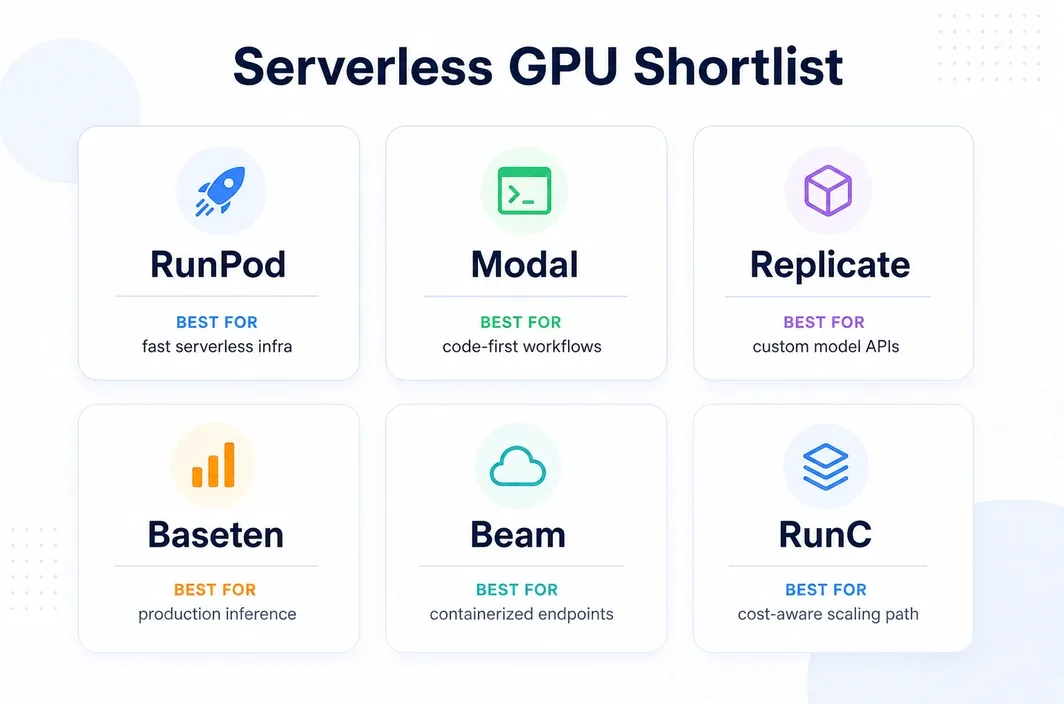 Shortlist infographic showing six serverless GPU platforms, including RunC, to compare first.