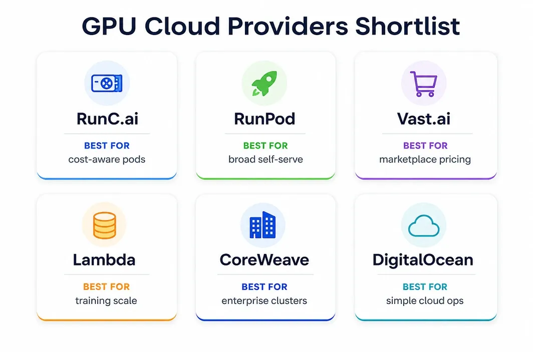 Shortlist infographic comparing RunC.ai, RunPod, Vast.ai, Lambda, CoreWeave, and DigitalOcean by best-fit use case.