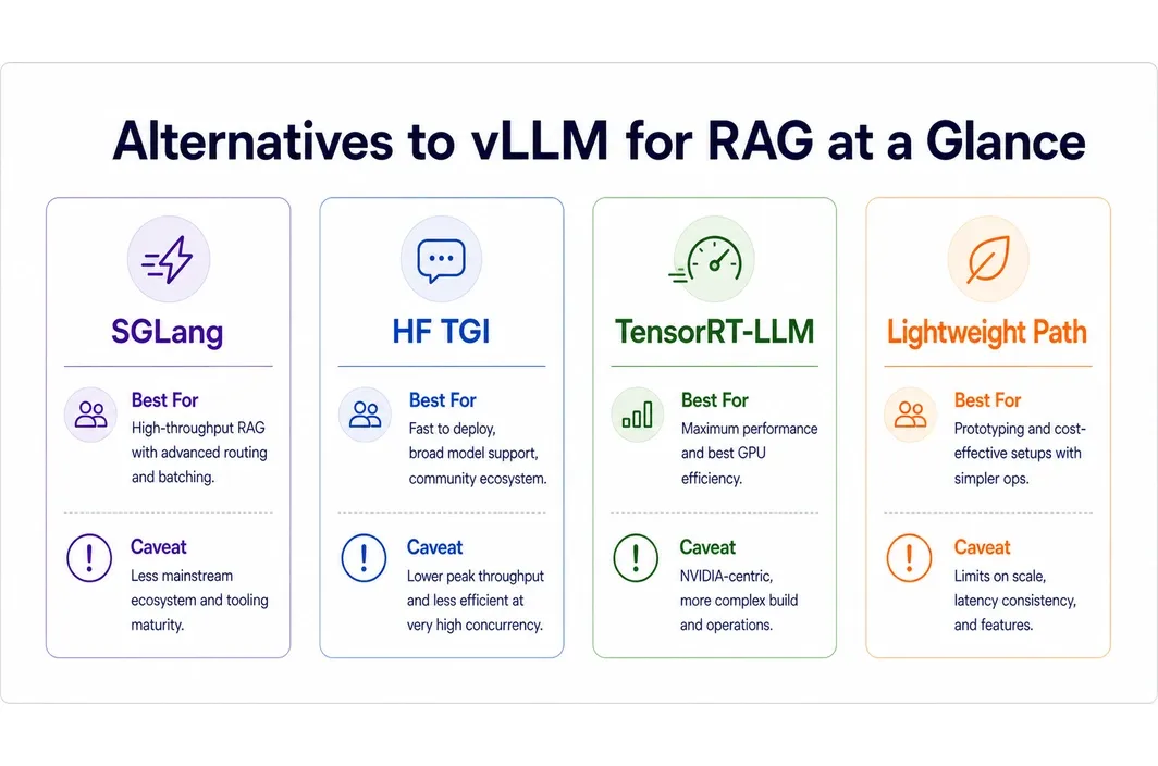 Comparison panel summarizing several open-source serving stacks for RAG with best-fit use cases and cautions.