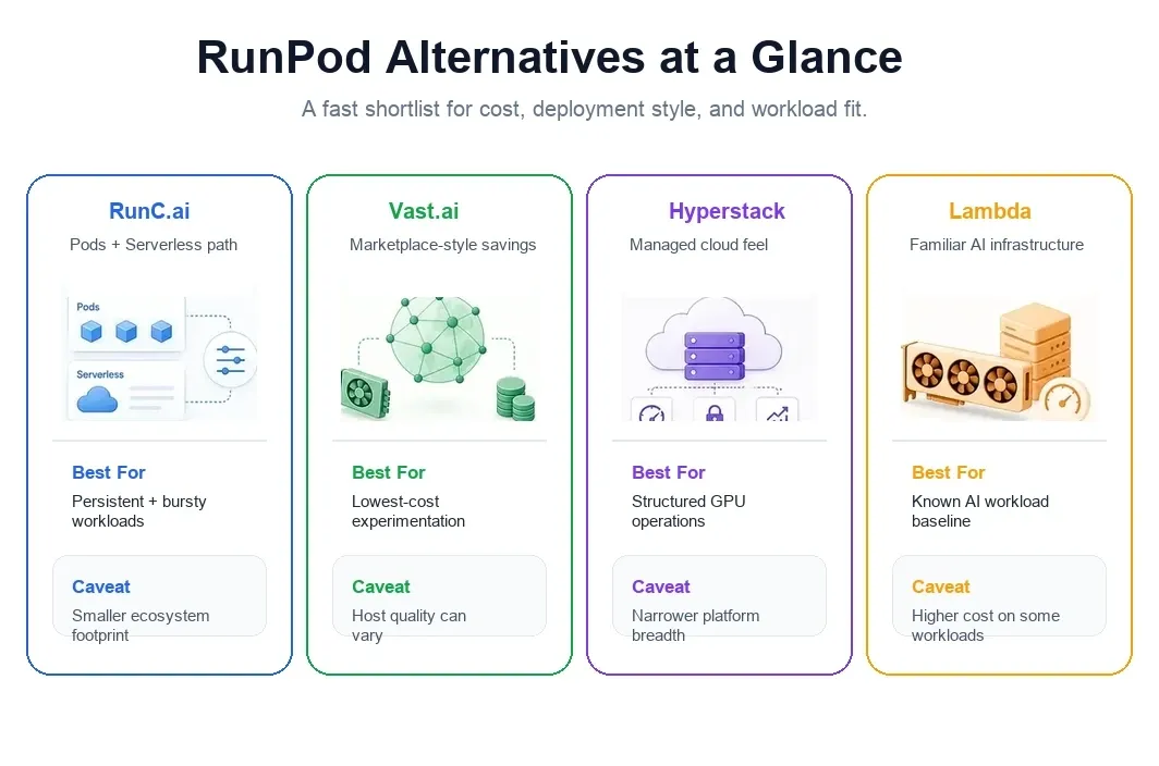 Comparison panel showing several RunPod alternatives with best-fit use cases and cautions.