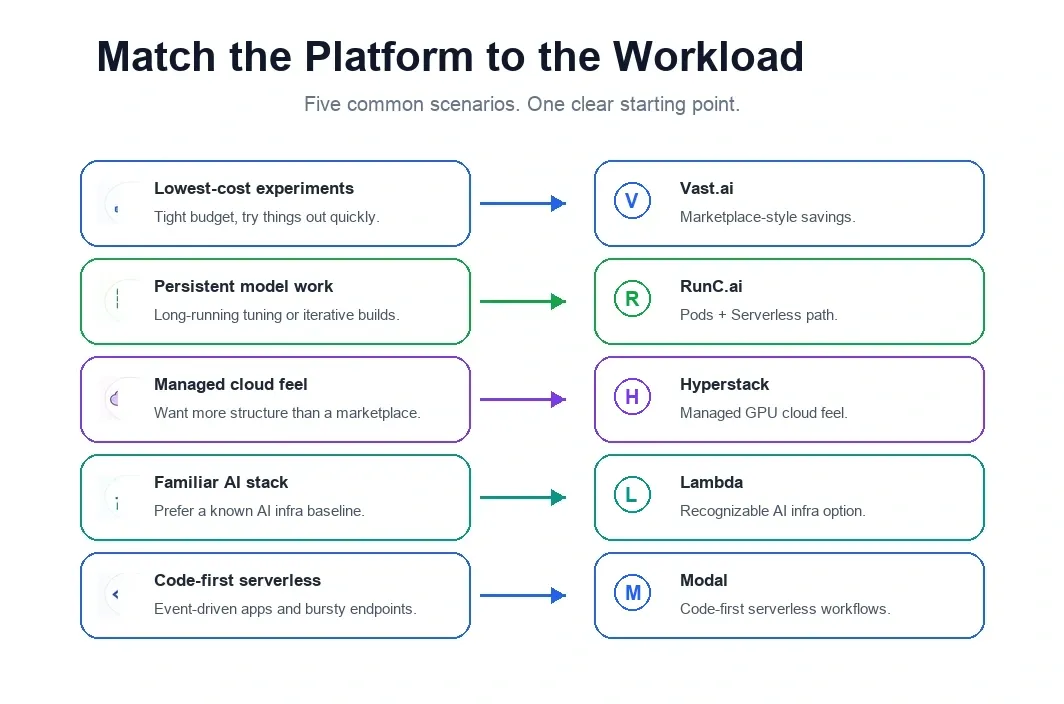 Scenario chart showing which RunPod alternatives fit different AI workload priorities.