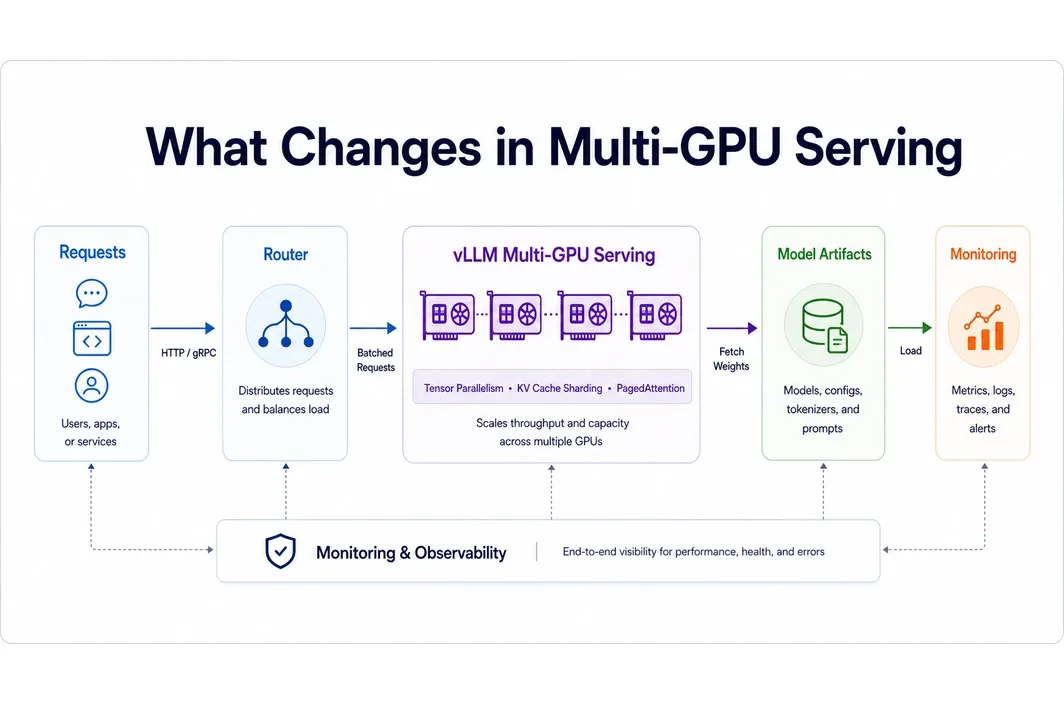 Architecture diagram showing the main components in a multi-GPU vLLM serving path.