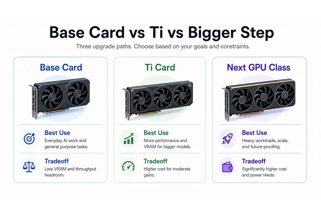 Three-column panel comparing a base GPU card, a Ti card, and a larger next-step GPU class.