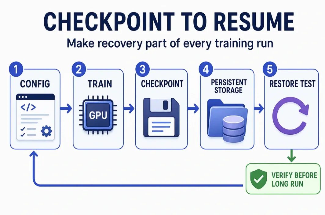 Five-step PyTorch training loop from configuration and training through checkpoint storage and restore testing.