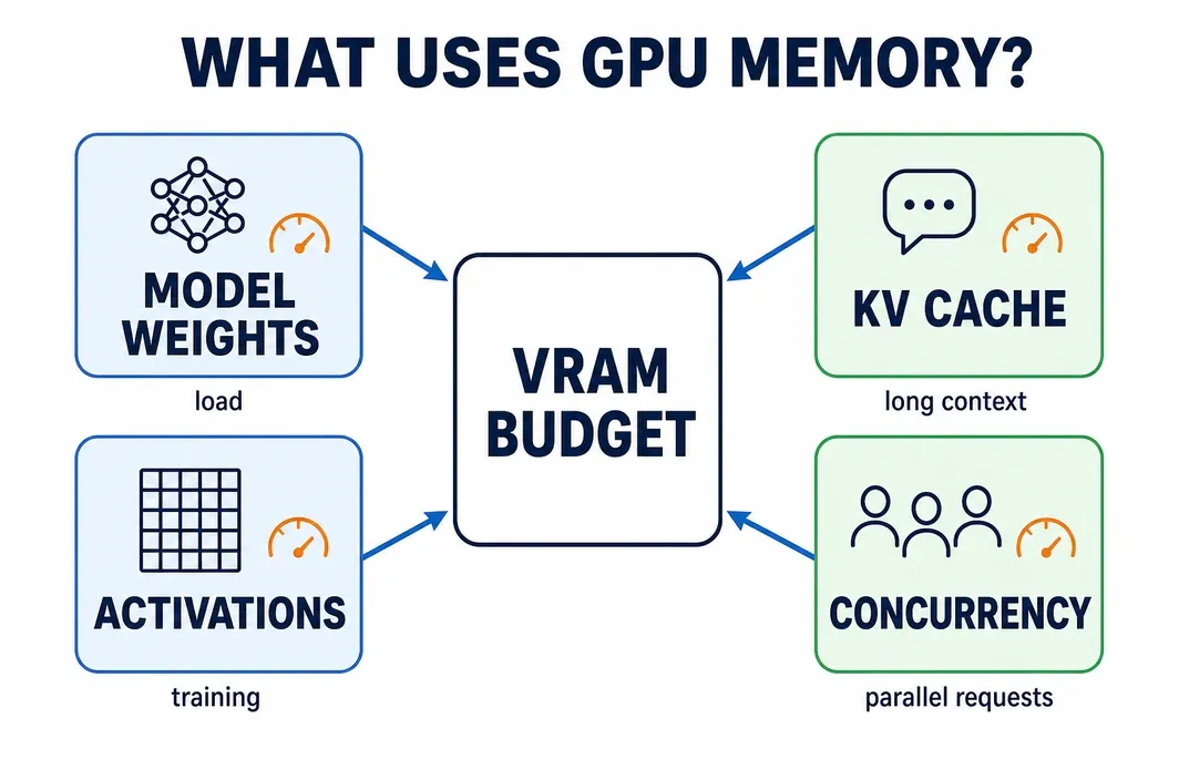 VRAM pressure map showing weights, activations, KV cache, and concurrency.