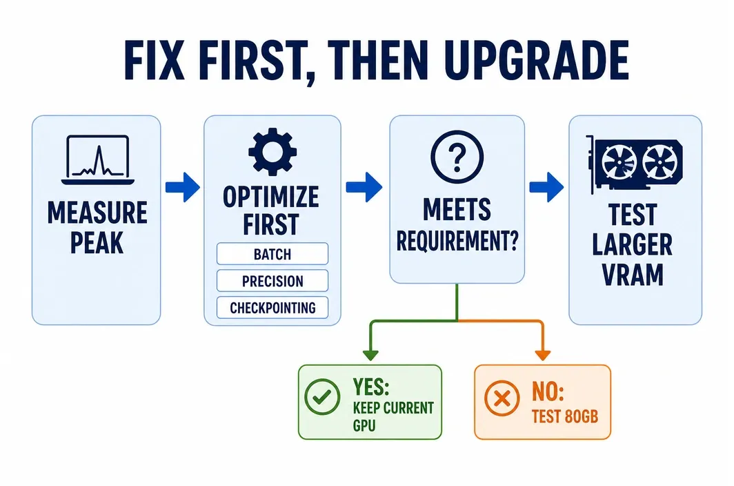Decision path from measuring GPU memory to optimization or larger VRAM.