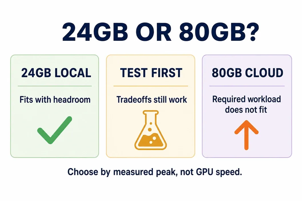 Workload decision chart comparing local 24GB and cloud 80GB VRAM paths.