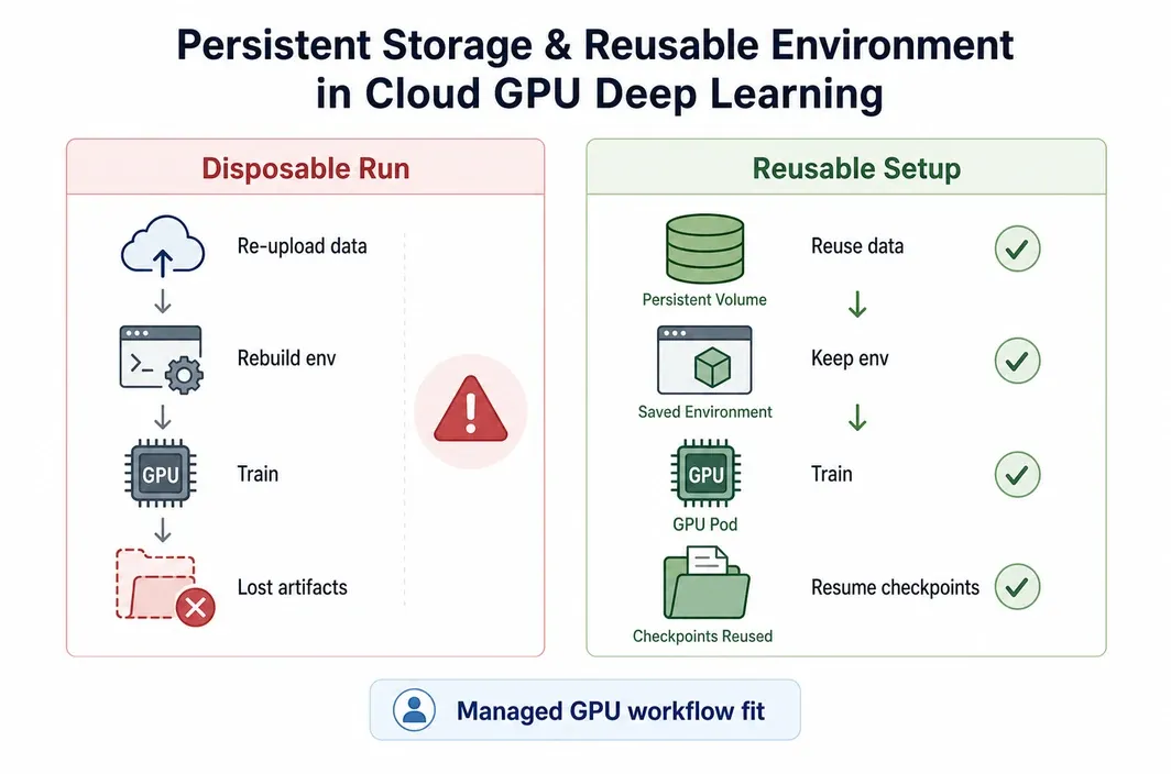 Cloud GPU storage and environment reuse visual comparing disposable training runs with reusable setup and checkpoints.