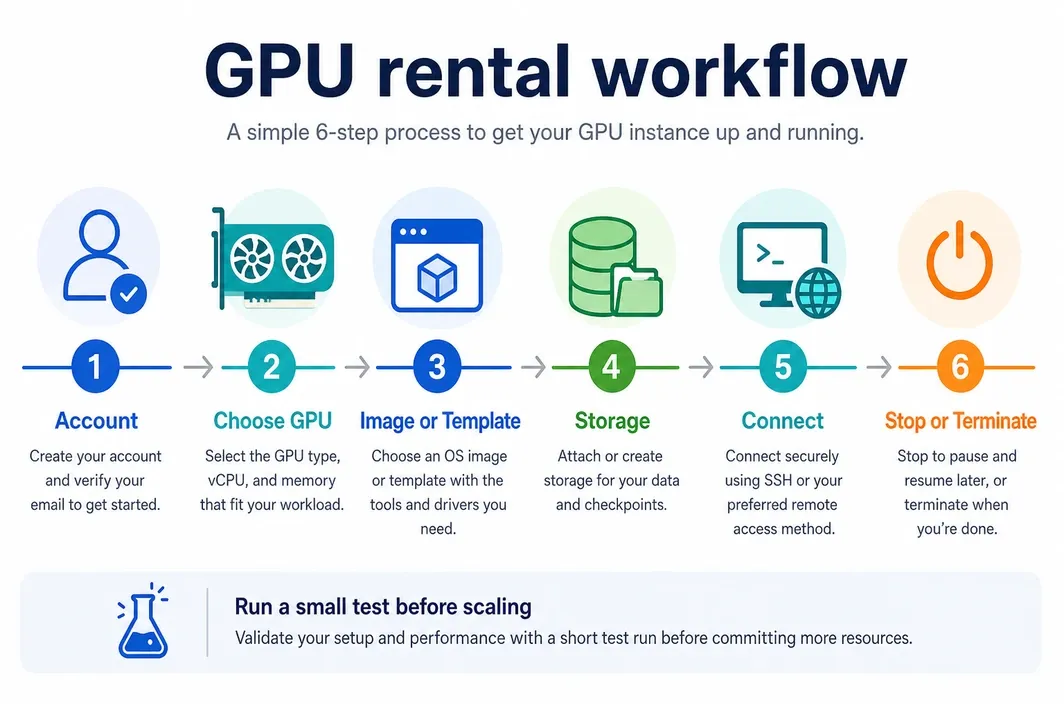 Six-step GPU rental workflow showing account setup, GPU choice, image or template, storage, connection, and stop or terminate.