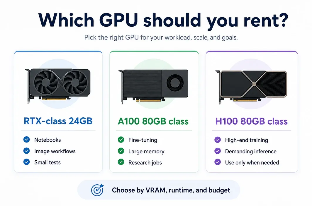 GPU tier comparison showing RTX-class 24GB, A100 80GB class, and H100 80GB class options with typical workload fits.