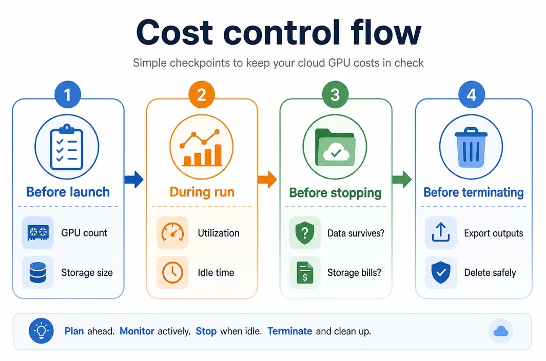 Cost control flow for cloud GPU rental showing checks before launch, during run, before stopping, and before terminating.