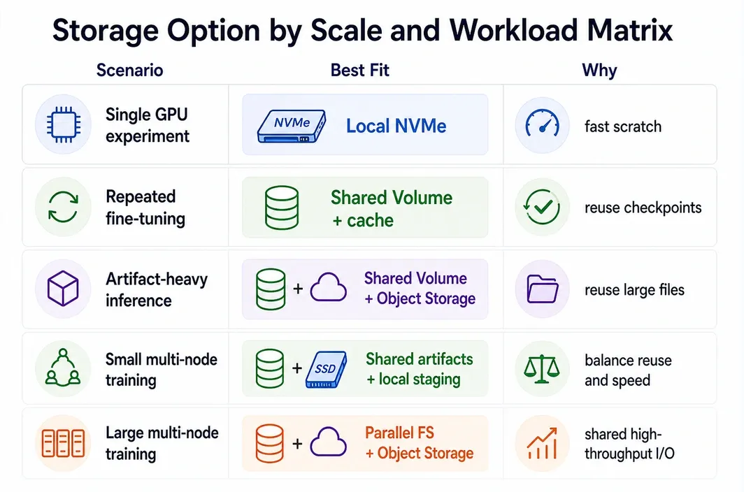 Storage option matrix matching GPU workload scenarios to local NVMe, shared volumes, object storage, and Parallel FS.