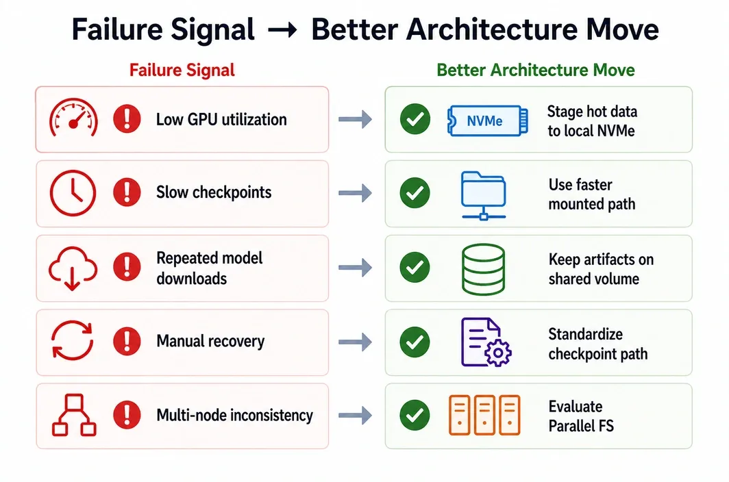 Diagnostic chart mapping GPU storage failure signals to better architecture moves.