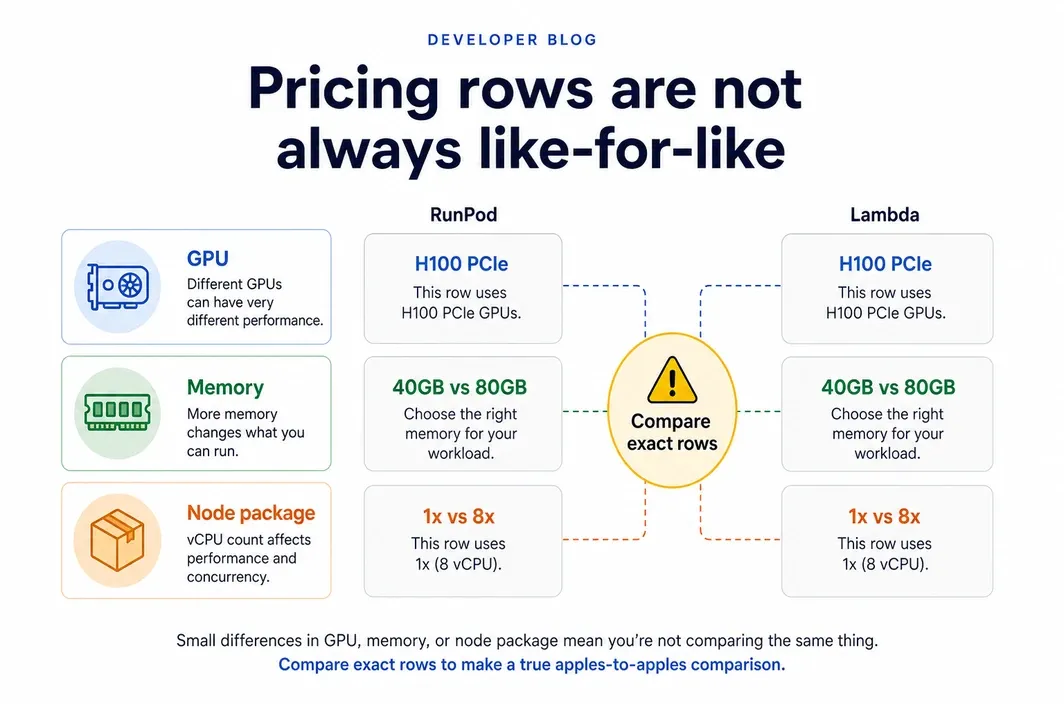 Infographic explaining that RunPod and Lambda price rows should be compared by exact GPU, memory, and node package details.