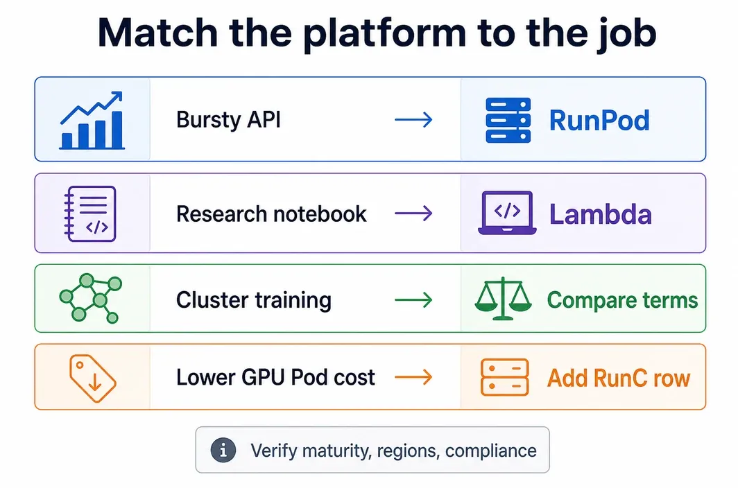 Decision chart showing when buyers might add RunC as an evaluated lower-cost GPU Pods row while verifying maturity, regions, and compliance.