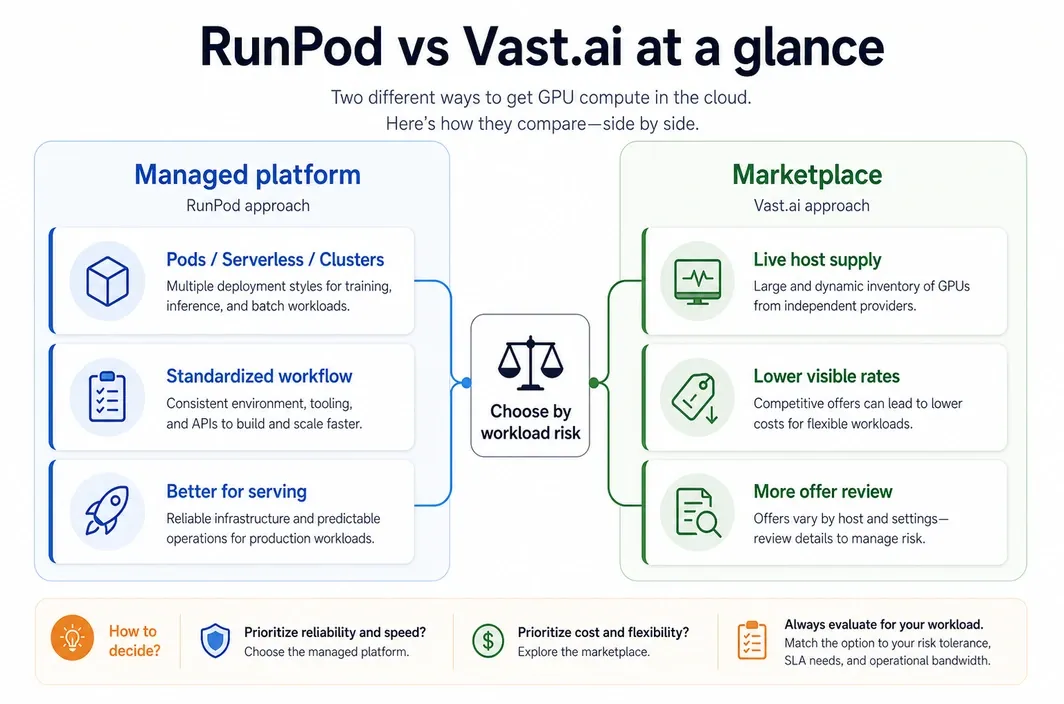 Side-by-side comparison of managed GPU platform workflow versus marketplace GPU supply, with workload risk as the decision point.