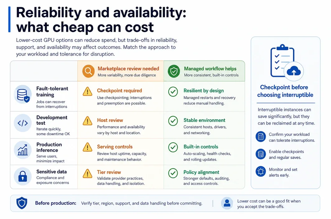 Risk matrix mapping training, development, production inference, and sensitive data workloads to marketplace review and managed workflow considerations.