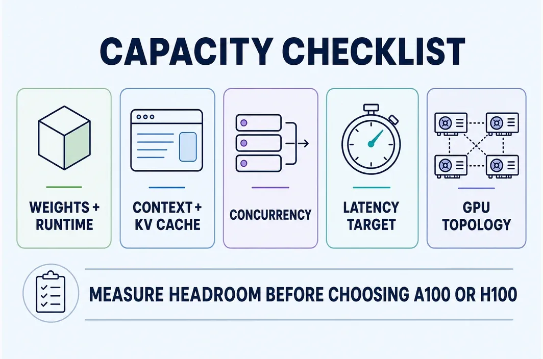 Capacity checklist for text generation inference covering weights and runtime, context and KV cache, concurrency, latency target, and GPU topology.