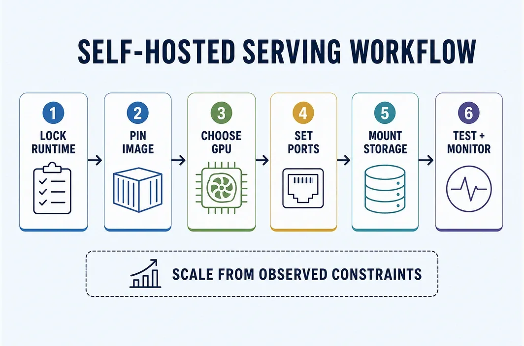 Six-step self-hosted serving workflow: lock runtime, pin image, choose GPU, set ports, mount storage, then test and monitor.