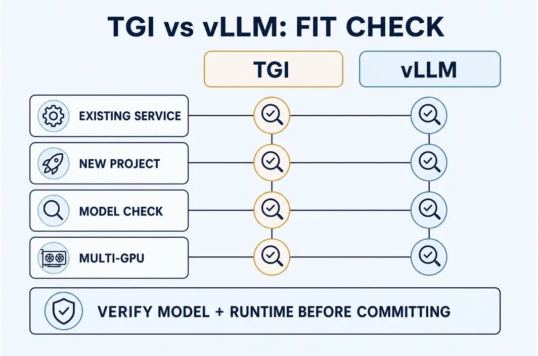 TGI and vLLM fit-check matrix comparing existing service, new project, model check, and multi-GPU decisions before runtime commitment.