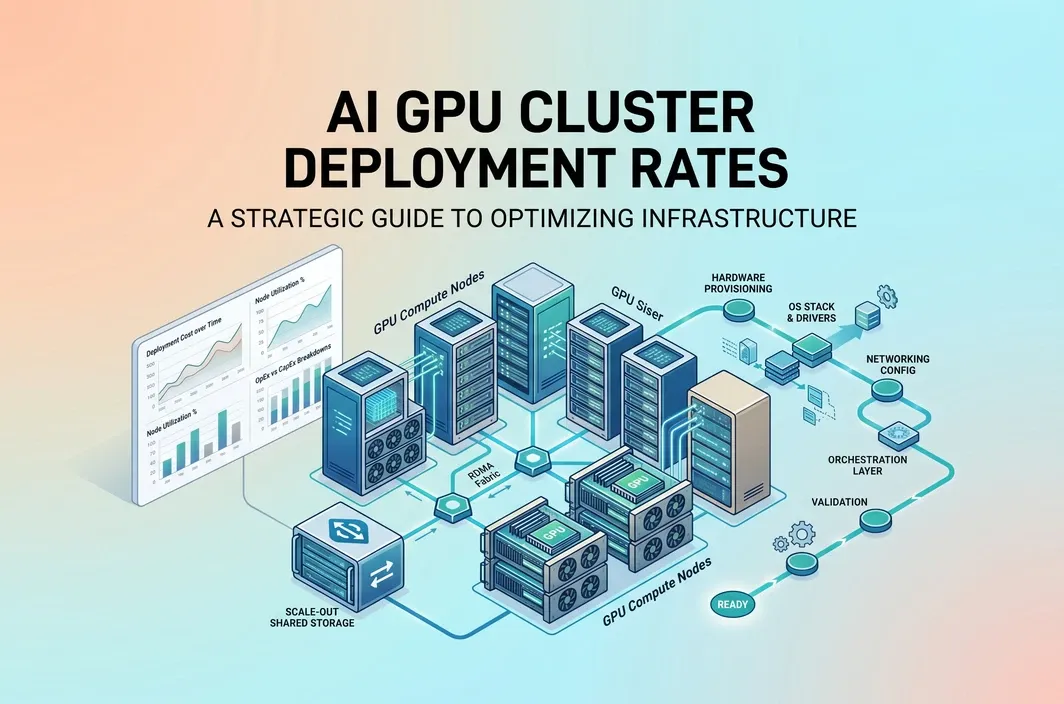 Editorial cover image showing a multi-node AI GPU cluster with cost analysis and deployment infrastructure concepts.