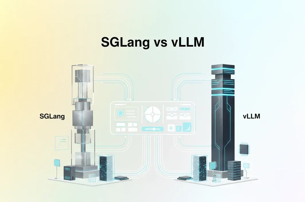 Editorial cover image comparing SGLang and vLLM as LLM serving frameworks with GPU infrastructure and API request flows.