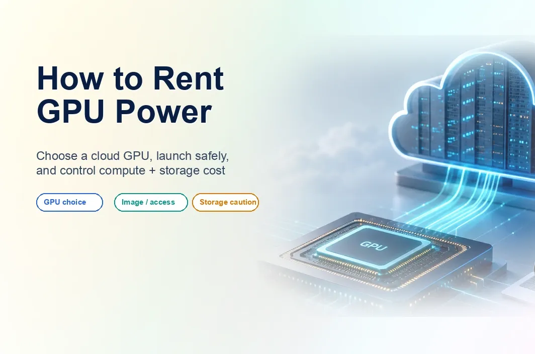 Cover image showing a cloud GPU rental workspace with a GPU chip, cloud node, laptop terminal, and headline about renting GPU power.