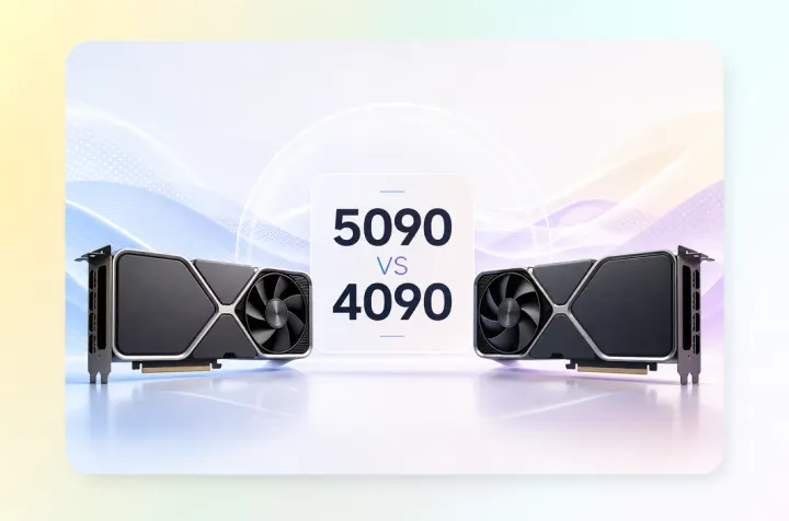 Editorial cover image comparing RTX 5090 and RTX 4090 for AI and creator workloads