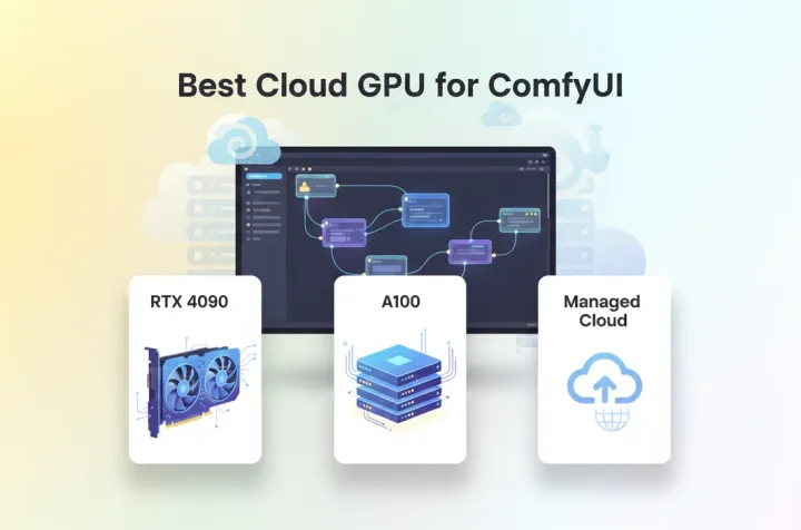 Editorial cover image showing a ComfyUI-style workflow interface with cloud GPU choice cards for RTX 4090, A100, and managed cloud options.