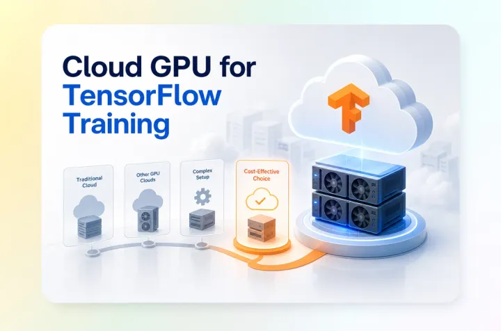 Editorial cover image showing cloud GPU provider choice for TensorFlow training workflows.