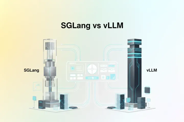 Editorial cover image comparing SGLang and vLLM as LLM serving frameworks with GPU infrastructure and API request flows.
