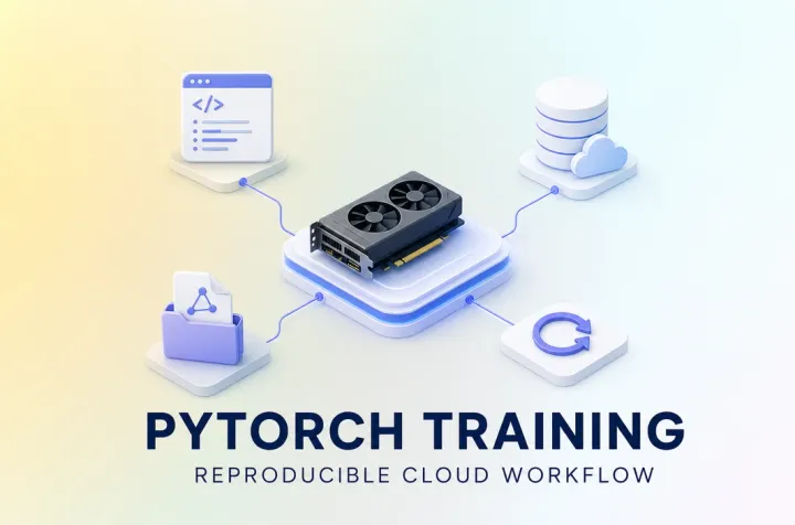 Editorial cover showing a GPU connected to code, data, storage, and recovery elements for reproducible PyTorch cloud training.