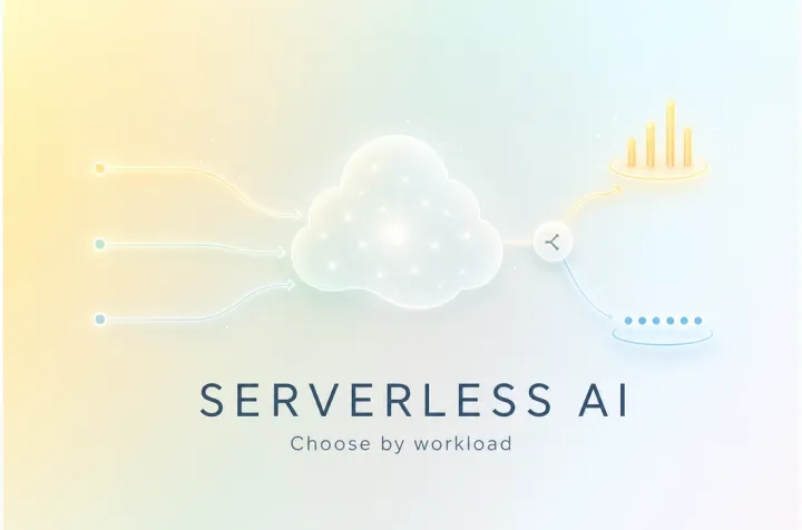 Editorial cover showing a cloud-shaped AI workload node routing requests toward bursty and steady demand outcomes, labeled Serverless AI.